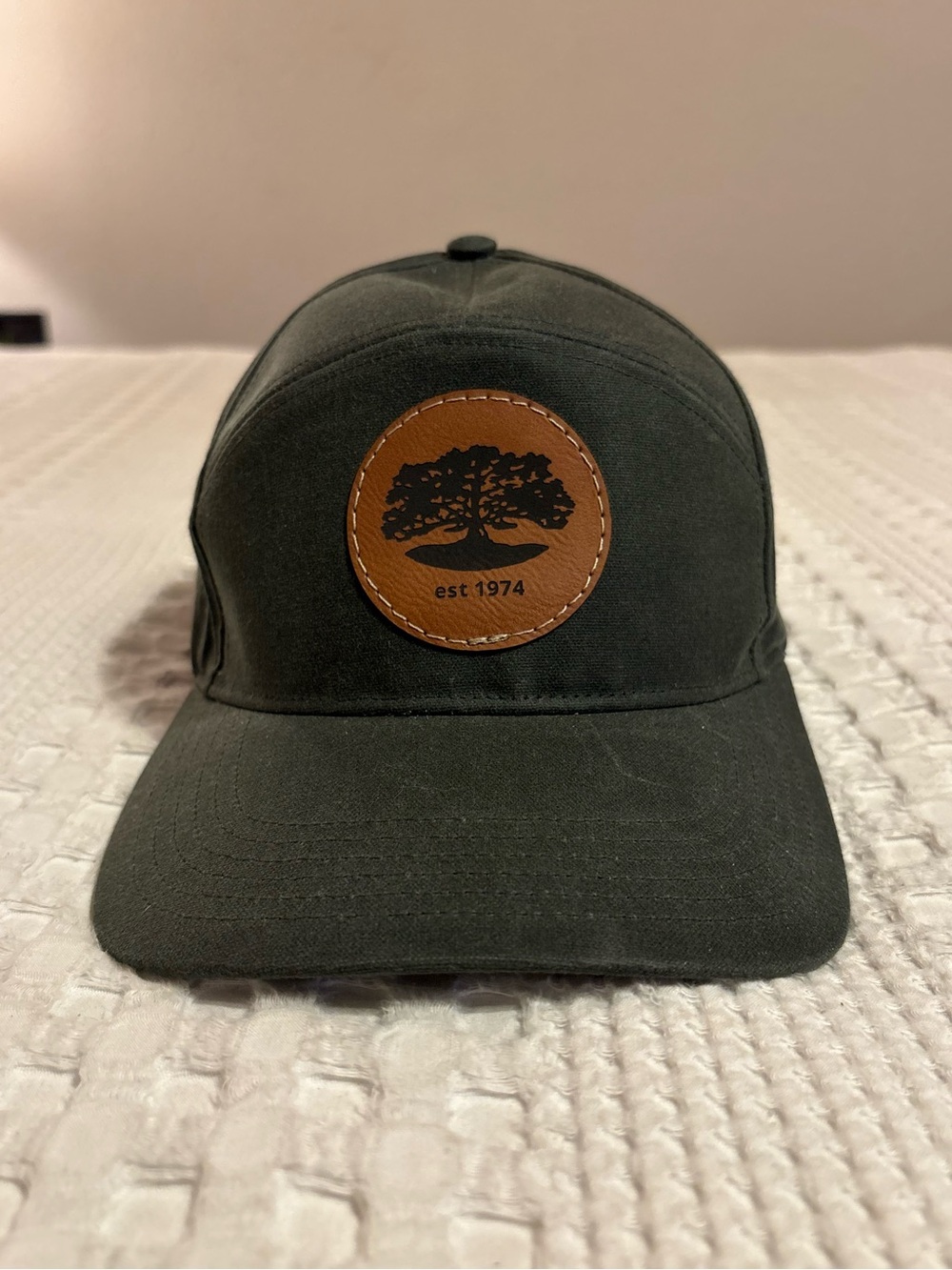 Men's Dark Green Canvas Baseball Cap with Brown Leather Patch